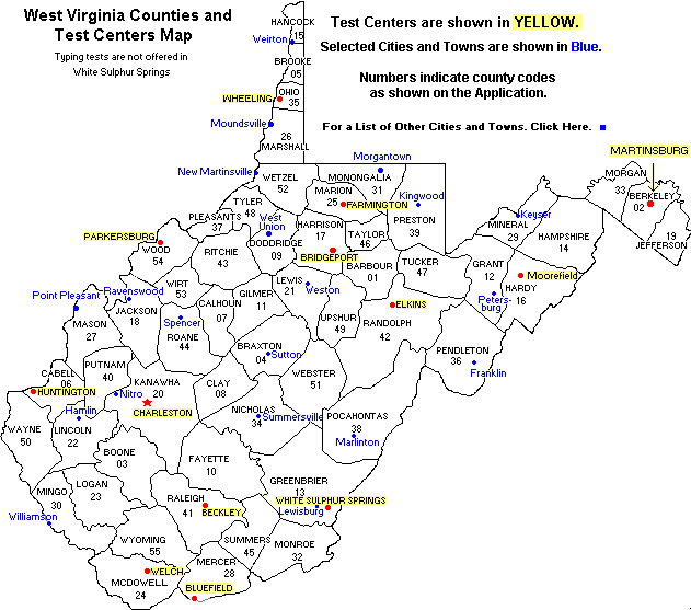 Wv Counties And Test Centers Map